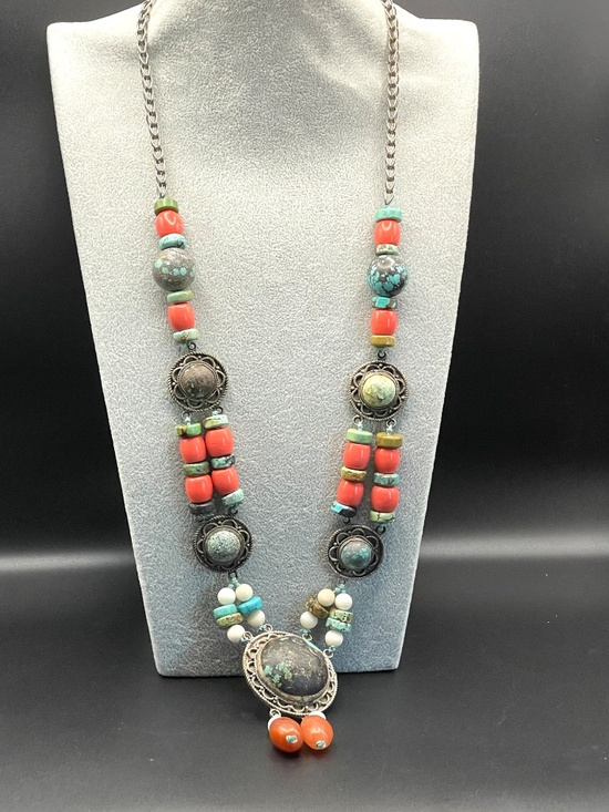 None Jewelry - Vintage Tibetan Nepalese Style Turquoise Coral Stone Statement Necklace